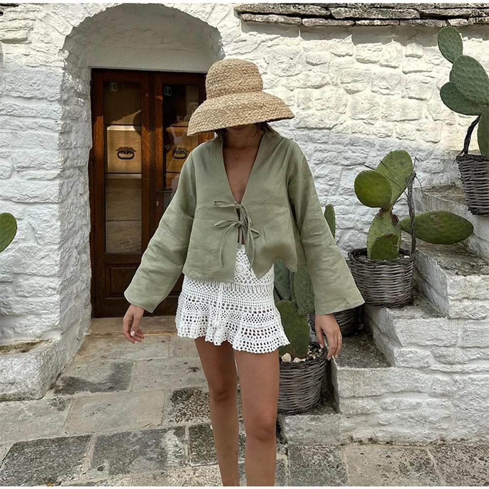 Bow Tie Front Tops for Women Casual Lace Up Bow Shirts Hollow Out V Neck Long Flare Sleeve Blouses Tops - Image 2