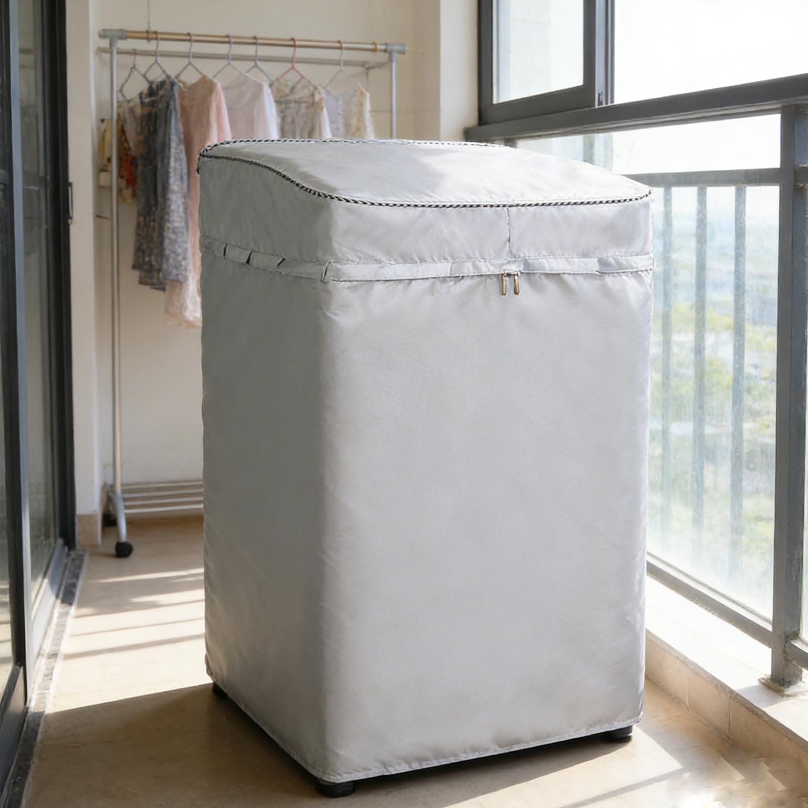 洗濯機カバー 兼用型 耐用保証 老化防止 屋外 防水 防塵 防湿 紫外線遮断 日焼け止め 光耐久 過熱保護 3面包み オックスフォード 防水生地 ファスナー開閉式 (シルバー, S(52*54*87㎝ 4.5~6KG対応)) - 3
