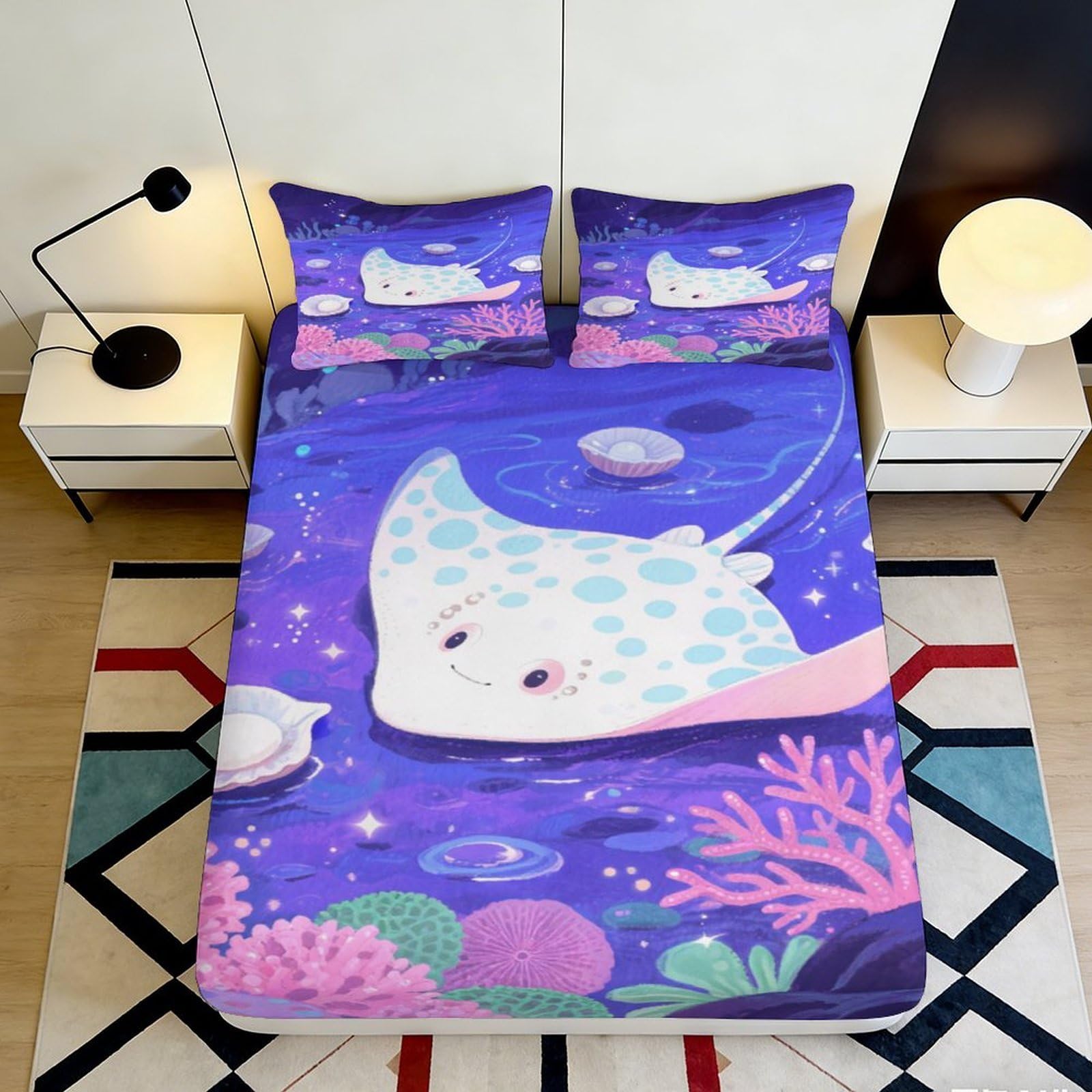 3D Printed Cartoon Manta Ray Fitted Sheet Microfiber Soft Anti-Slip Ocean Coral Mattress Cover for Bedroom Dorm 140x200x25cm