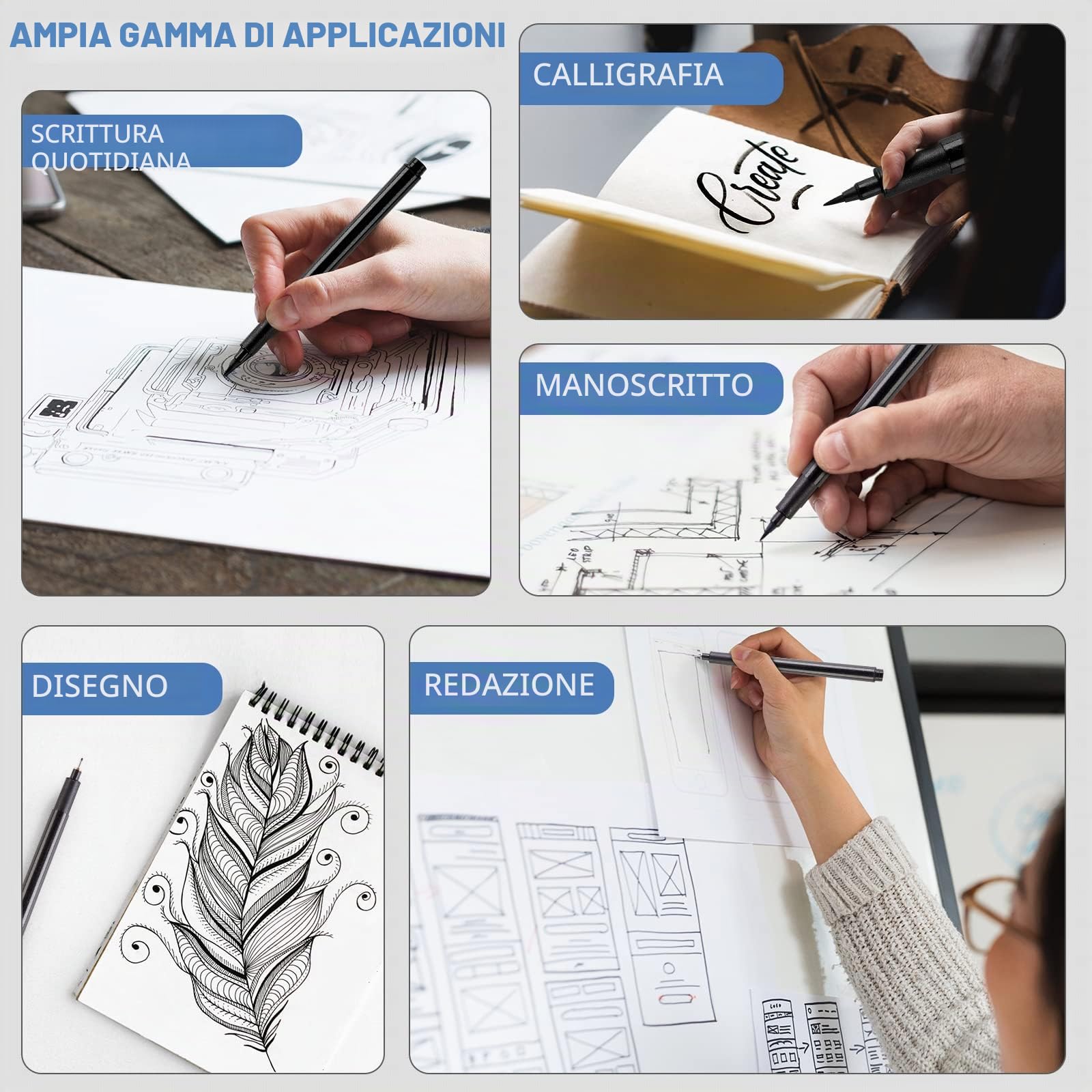 YISAN Penne Calligrafia Lettering, Fineliner, Pigment Liner, Punta Fine, Nero, Disegno