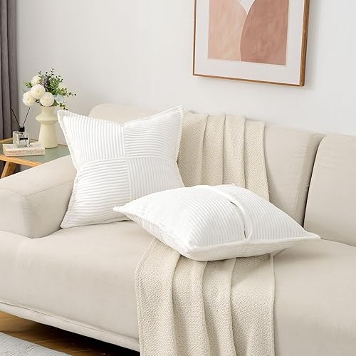 Miniatura 4 de HAUSSY Juego de 2 fundas de almohada de 20 x 20 pulgadas, pana suave y sólida a rayasborde ancho, fundas de cojín cuadradas decorativas, decoración