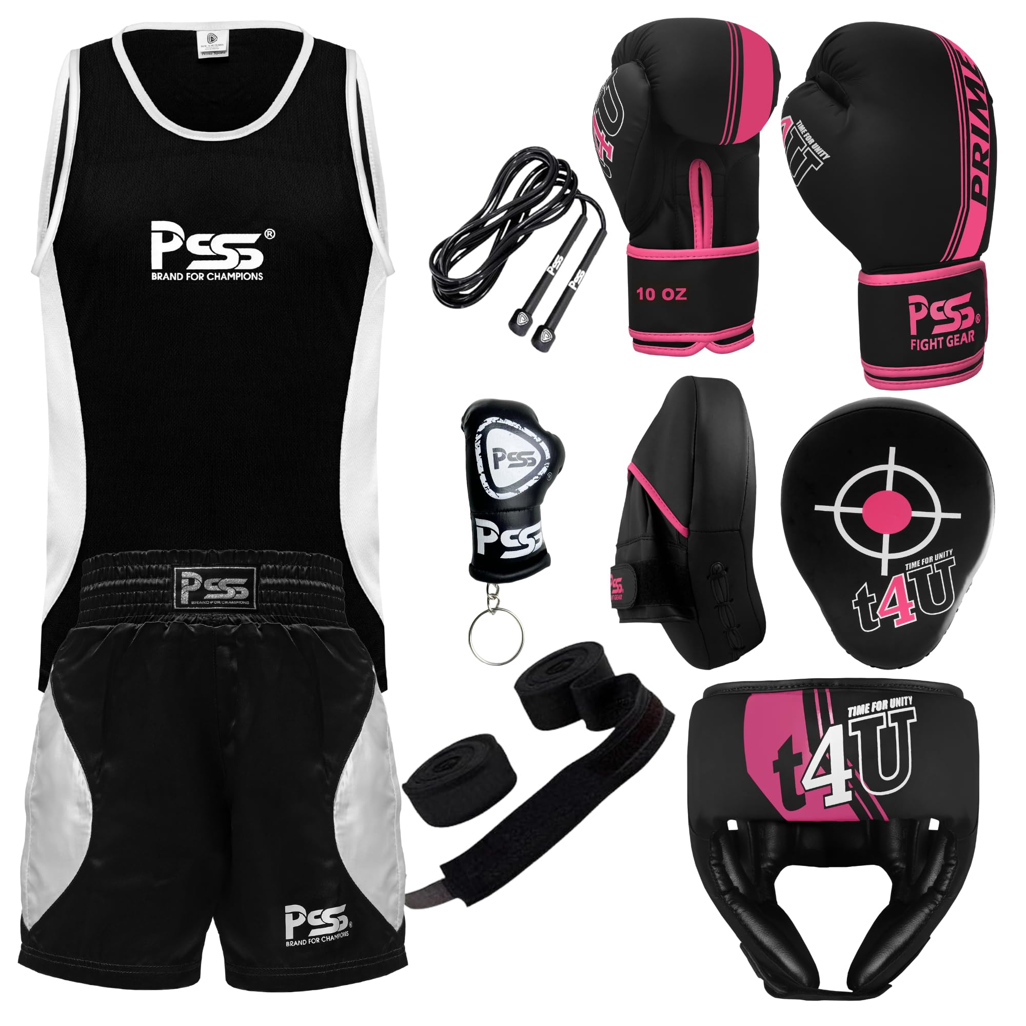 PSS Kids Boxing Set-Boxing Gloves, Uniform, Focus Pad, and Head Guard - Safe, Durable, Lightweight Equipment for Boys/Girls Youth Training, Fitness (Pink, 13-14Years/8oz)
