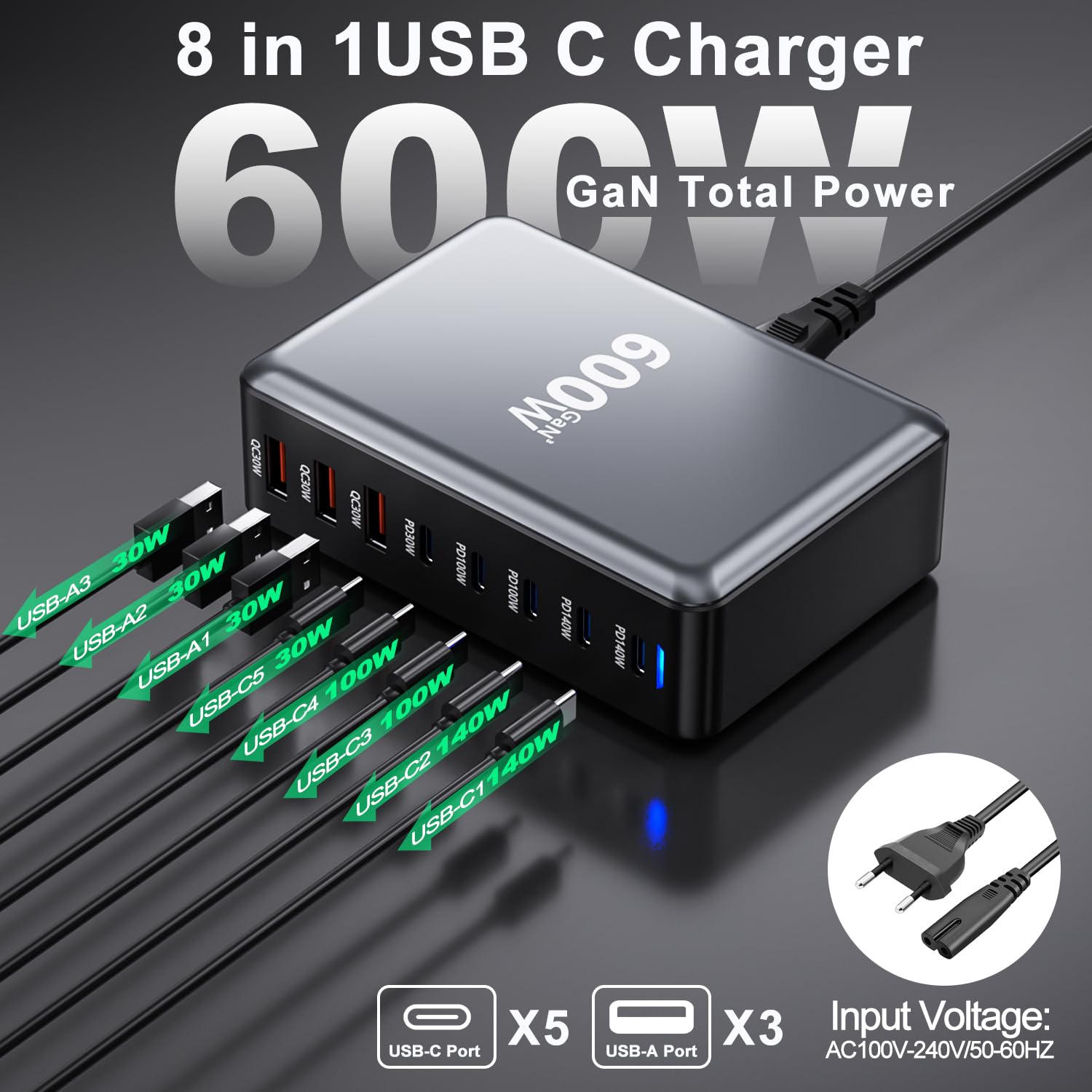 USB C Ladegerät 600W GaN,8-Port USB Netzteil Mehrere Ports Schnellladestation mit 5 USB-C + 3 USB-A Ports,PD140W Netzteil Mehrfach Ladegerät kompatibel mit Laptop/MacBook/iPhone 14/15/16/Galaxy S24