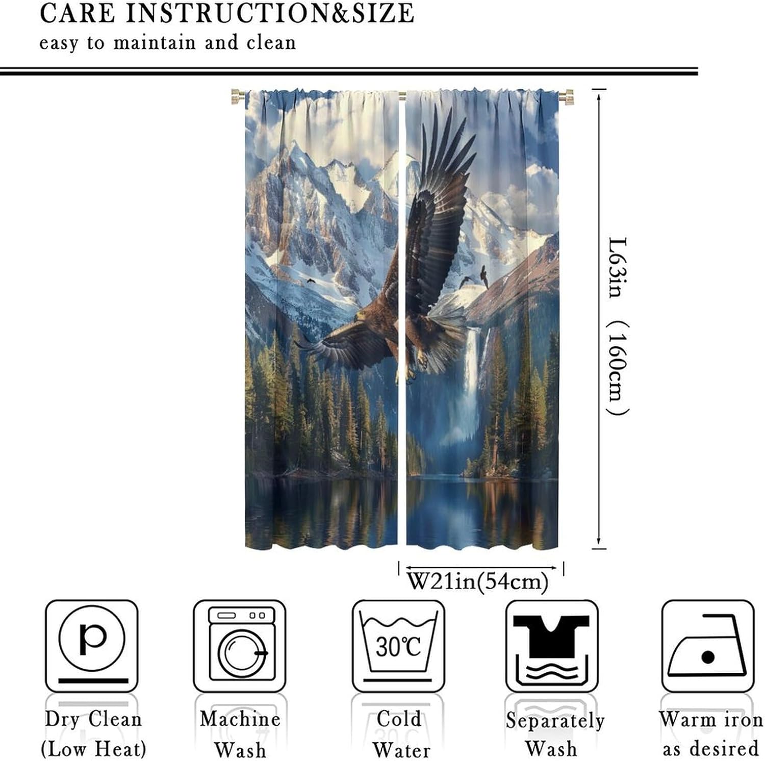 Rustic Bald Eagle Blackout Curtains for Bedroom Living Room, Rod Pocket Snowy Mountain Jungle Waterfall Curtains Thermal Insulated Window Drapes 2 Panels, Each 21W x 63L