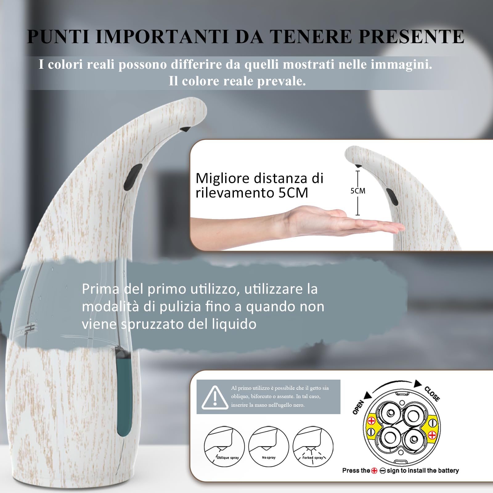Dispensatore Automatico Sapone Senza Contatto 300ml Sensore 4 Livelli,Impermeabile IP65,alimentato a batteria,Design Cucina/Bagno, Compatibile con Liquido (400ml Grana di legno bianca)