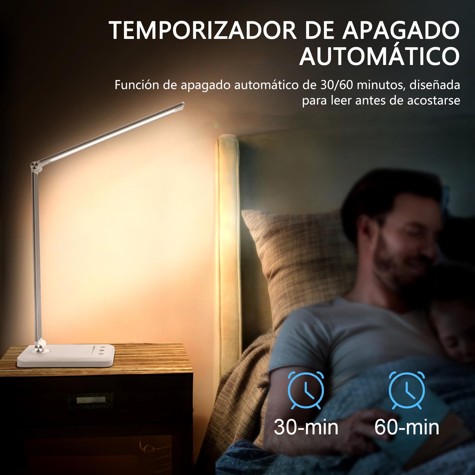 YOUKOYI Lámpara Escritorio, 60 LED Flexo Con Luz Nocturna, 3 Modos Lampara LED Escritorio Regulable Con Cuello De Cisne De 360°, Cuidado Ocular Luz Escritorio Estudio Oficina Lectura