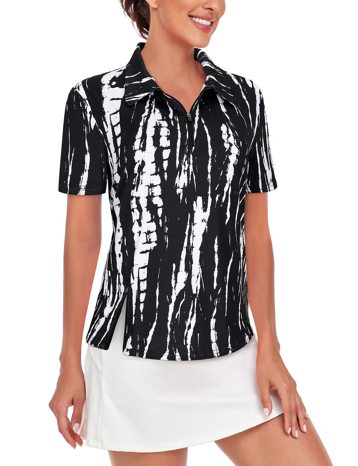 LuraneeWomen's Short Sleeve Golf Shirt UPF 50+Zip Up Quick Dry Tennis Polo Workout Tops Slit Zipper at Hem