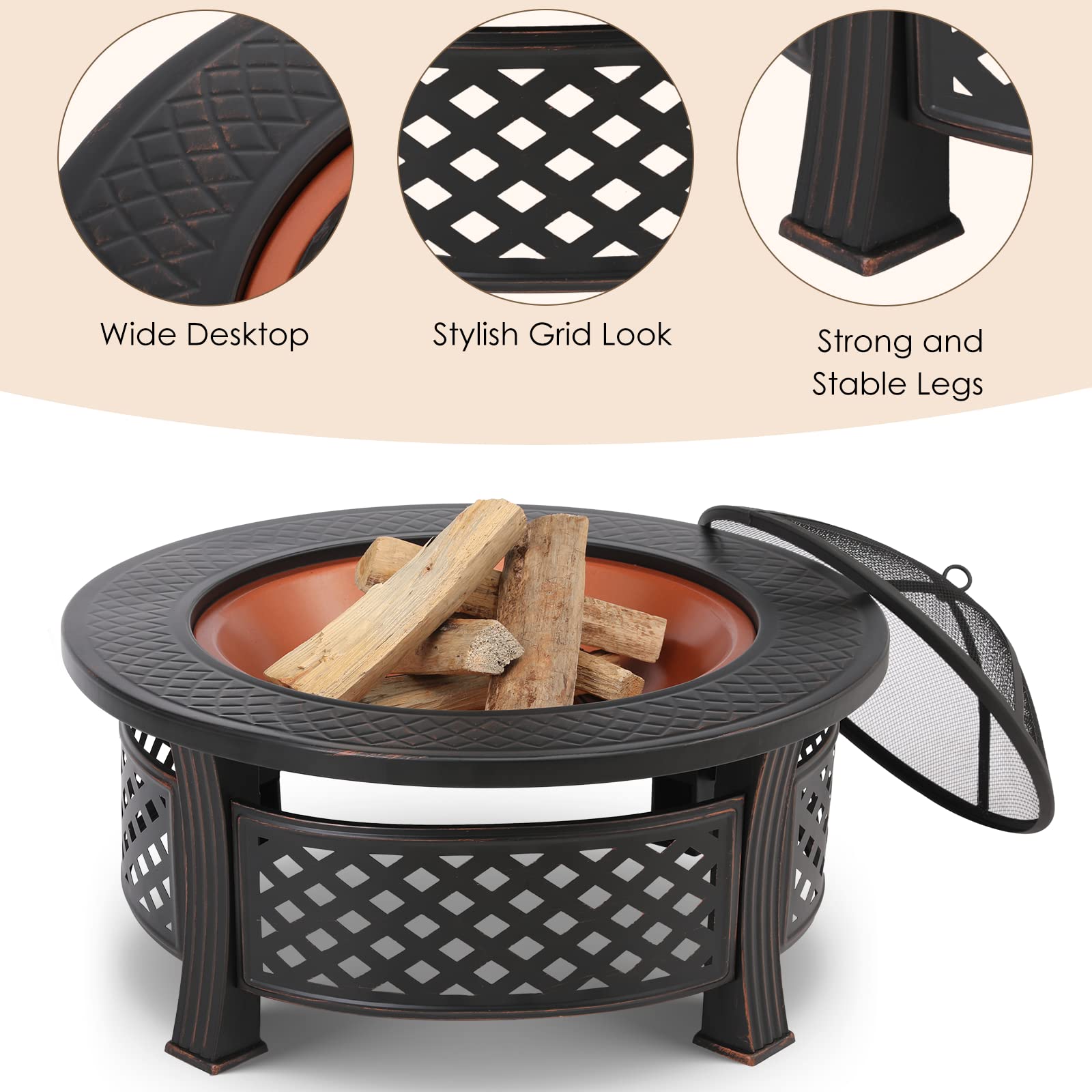 TLSUNNY Braciere da Giardino, Braciere da Esterno Multifunzionale, Braciere Rotondo con Parascintille e Griglia per galvanizzata, outdoor fire pit 80x80x50 cm, per Spiaggia, Camping,Riscaldamento,BBQ