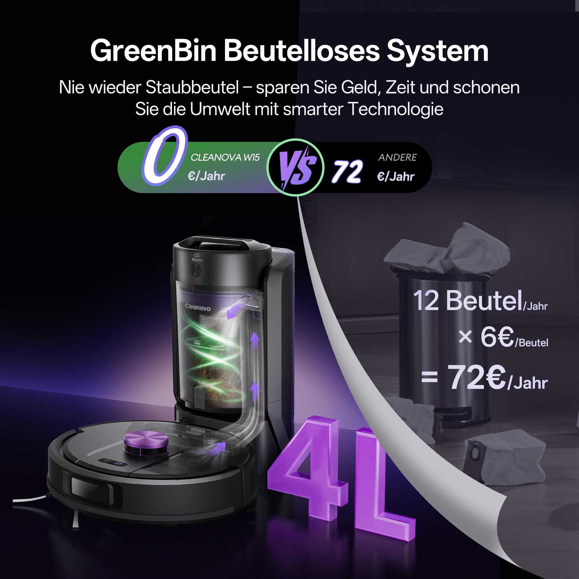 Vexilar W15 Saugroboter mit Wischfunktion, Beutelloser Multi-Zyklon-Absaugstation Staubsauger Roboter, 10000Pa, LiDAR Navigation, 3-in-1 Saug und Wischroboter, 180Min Max, App- & Sprachsteuerung
