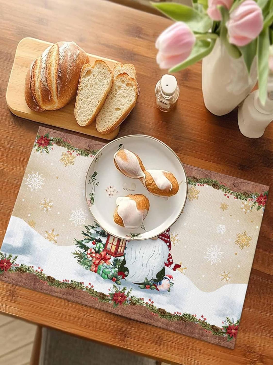 Christmas Table Mats for Dining Kitchen Table,Placemats Set of 6,Santa Claus Cute Gnomes with Pine Tree Snowflake Red Washable Placemat for Outdoor Home Party Office Decor, 13x19 Inch