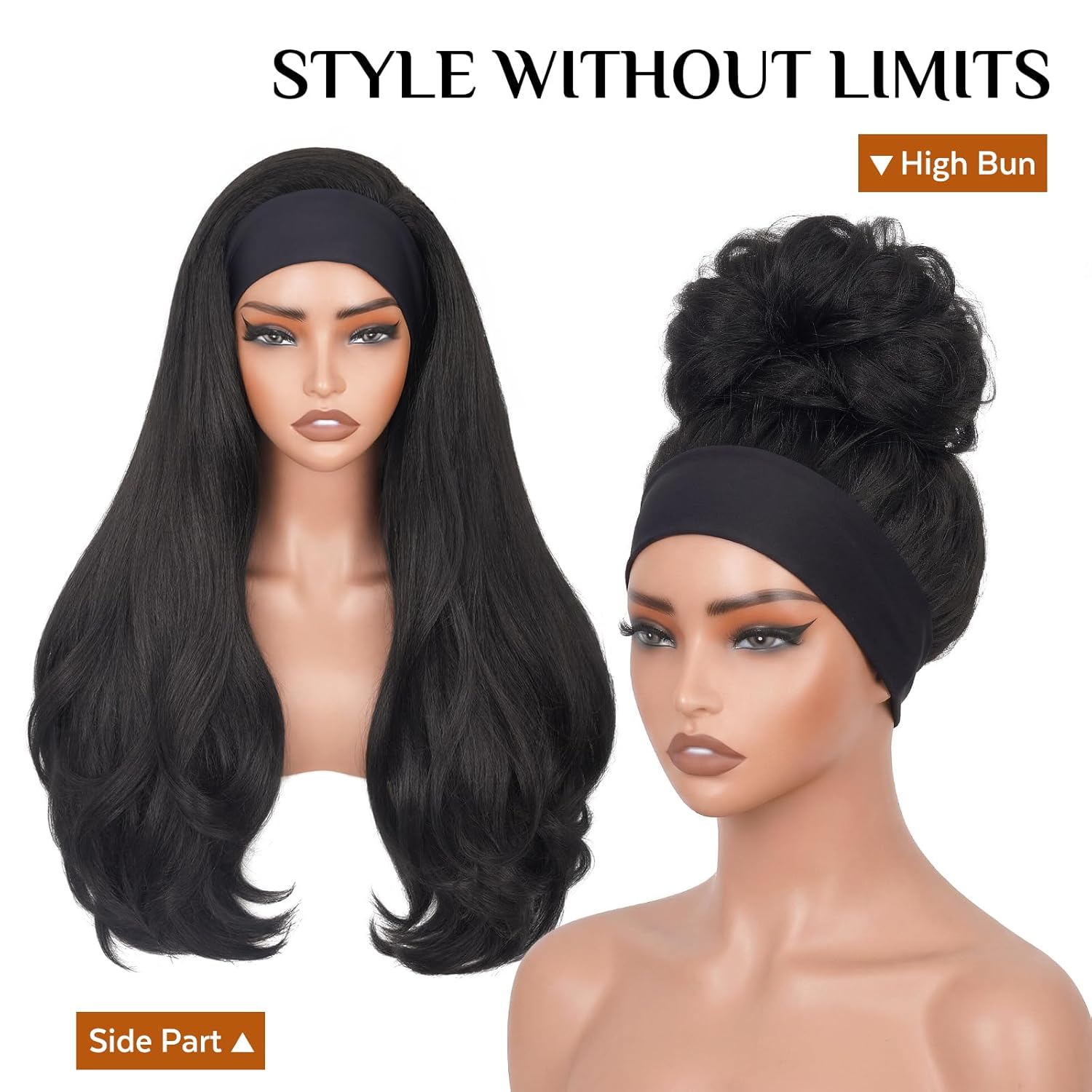 Yaki Wavy Headband Wig Layered Synthetic Half Wig, 180% Density Wear and Go Glueless Wig with Headbands Attached, Kinky Straight Headband Wigs for Black Women (#1B Black, 26 Inch)