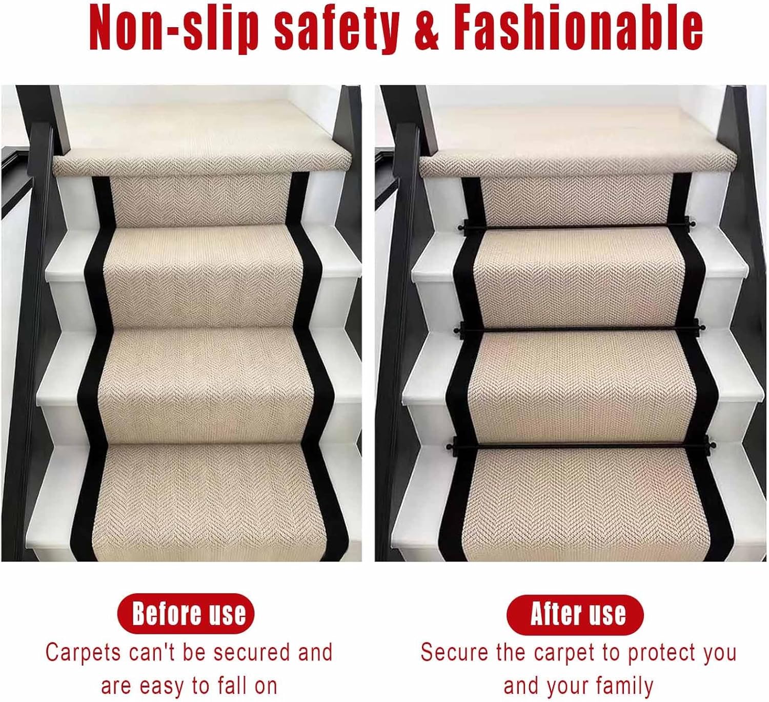 Brass Stair Runner Rods Set of 4 8 10 16, Black Stair Polished Rods Easy Install to Secure Rugs for Theater Museum Residential(14 Pcs,L42in/107cm)
