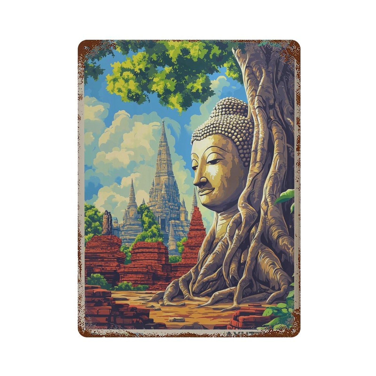 xiaoxiaoshen Ayutthaya Temple Thailand Travel Wall Decor Art Metal Tin Poster Modern Home Decor Art Home Bar Shop Decorations Vintage Sign 40x30cm