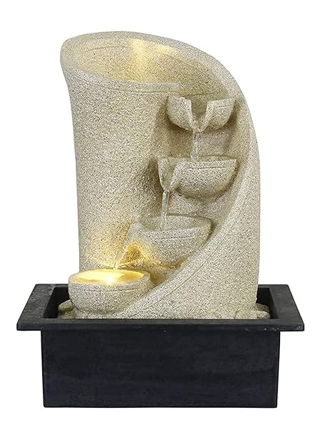 CHRONIKLE Polyresin Table Top Cream Color Indoor 3 Designer Steps Waterfall Fountain for Home Decor with Yellow LED Lights & Water Flow Controller Pump (Size: 38 x 29.5 x 22CM | Weight: 1750grm)