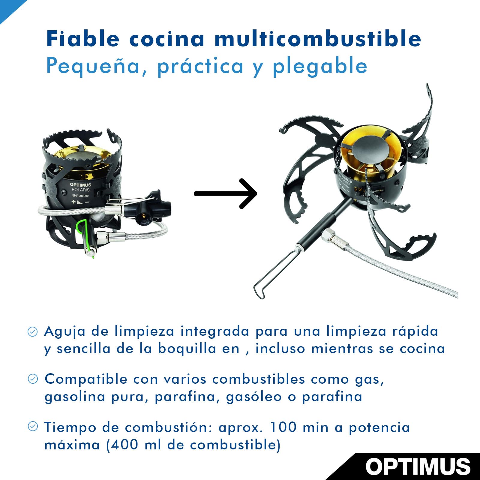 Optimus Polaris Optifuel Tactical - Robusta cocina multicombustible para gas, gasolina, gasóleo y parafina | 475 g | 4200 W de potencia | para trekking, outdoor