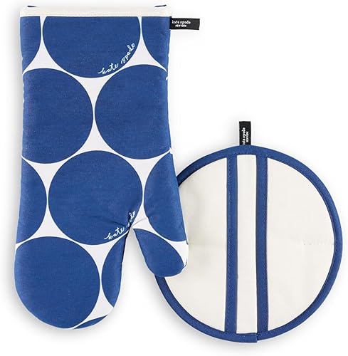 Kate Spade New York Joy Dot - Manoplas de horno y agarrador de ollas juego de 2 unidades, 7 x 13 pulgadas, 8 pulgadas, redondo, azul marinocrema