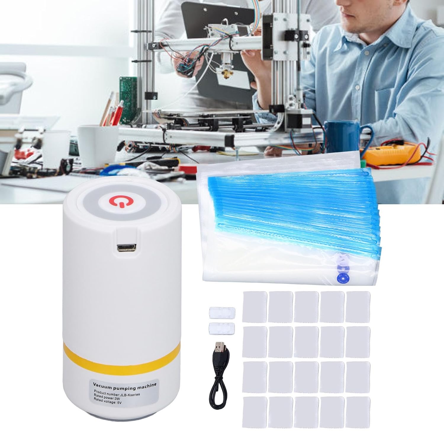 Filament Storage Bags Vacuum Kit, 20Pcs 34x30cm Vacuum Bag with Automatic Pumps & Desiccant Pack, Cleaning Drying Sealed Bags for 3D Printer Filament Storage, Spool Sealing