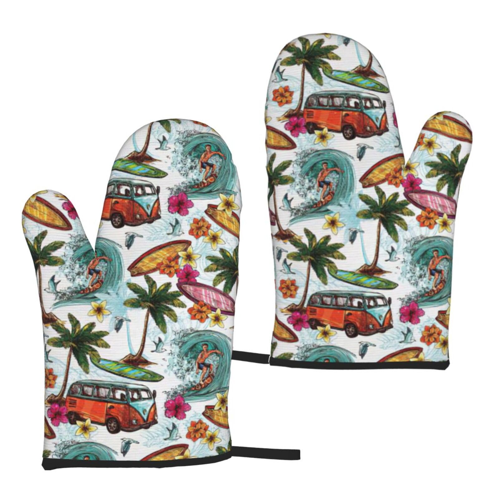 Nimongt Women's Black Hawaiian Surfer On Wavy Print Adults Universal Fit Heat Resistant Oven Gloves Reusable Cooking Outdoor Grilling