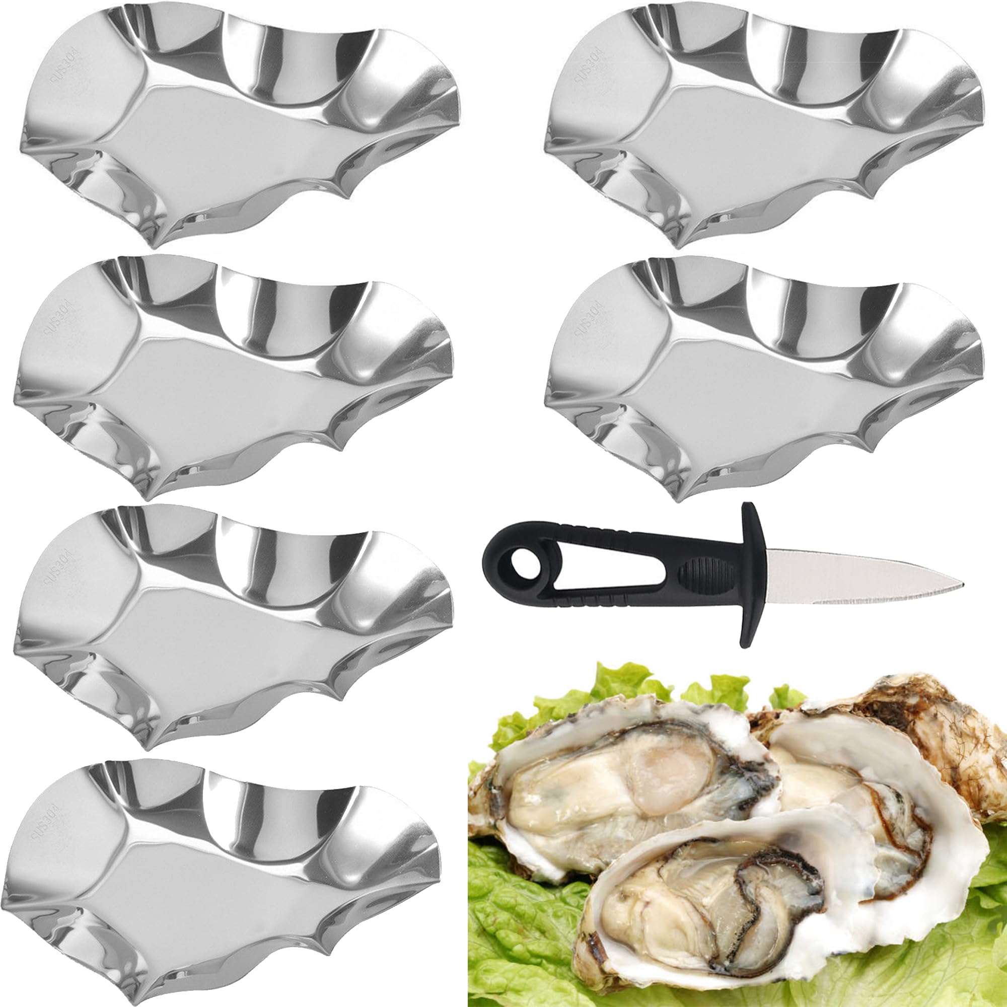 7 Stück austern platte Austernteller Austernplatte Wiederverwendbar Dauerhaft Austernschale Austernöffner für Muscheln Edelstahl Grillbare Austernschalen Schalentiere und Meeresfrüchte (7)
