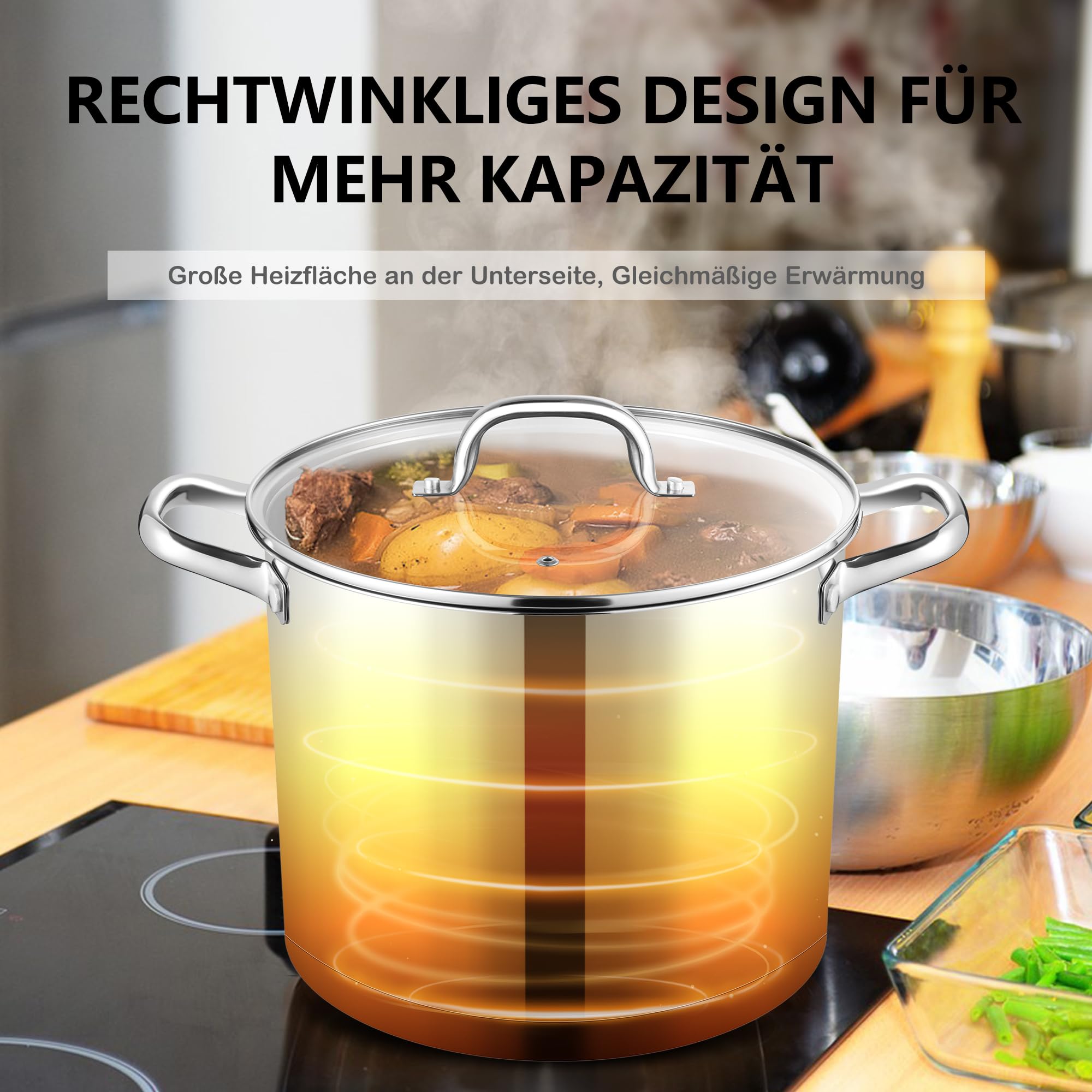 Joyfair Grande casserole à induction en acier inoxydable de 11,4 l avec couvercle en verre, 3 couches, fond stable, pour tous les types de cuisinières, grande quantité, passe au lave-vaisselle