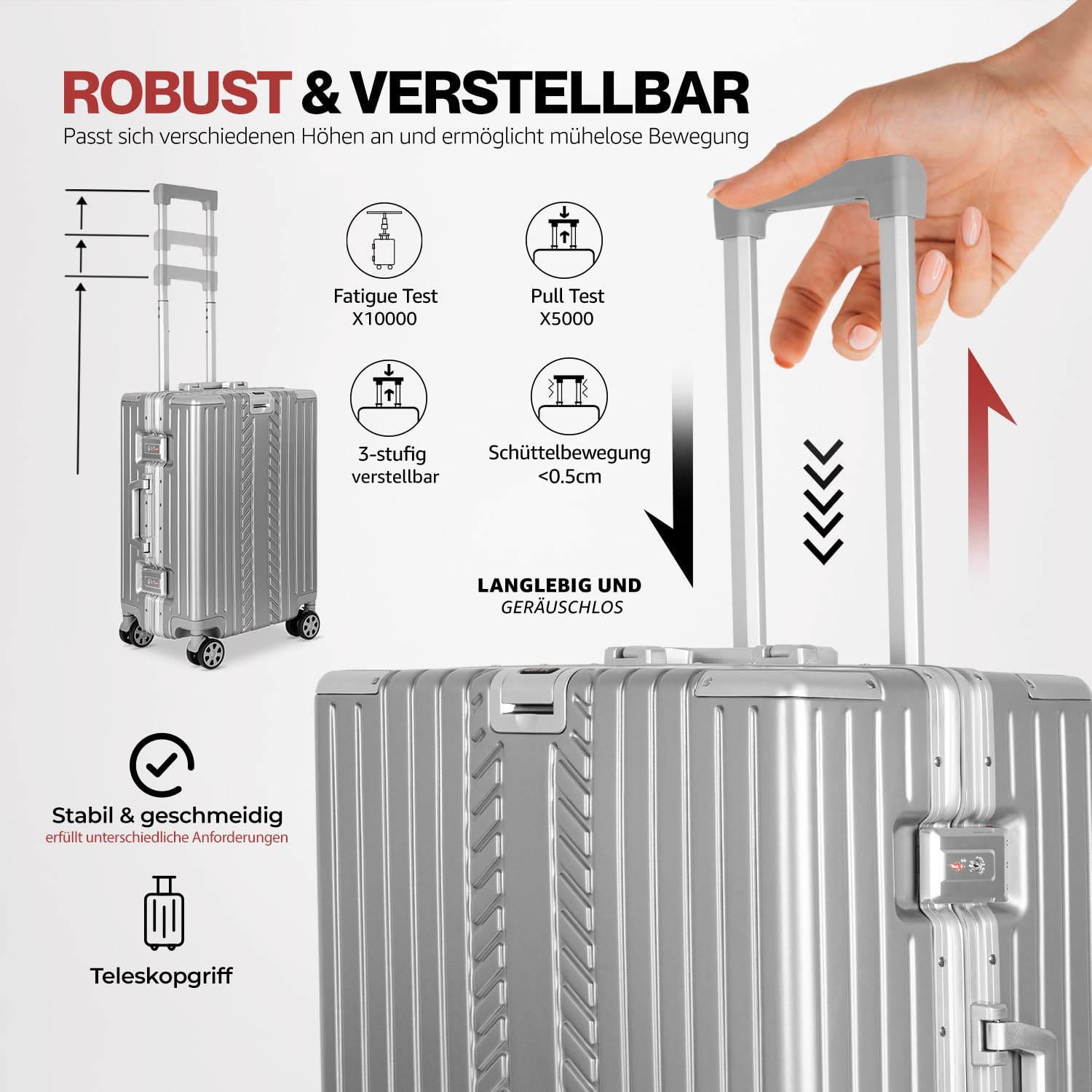 WINLIFE Walizka podróżna w rozmiarze XL, aluminiowa rama z ABS + antracytowa poduszka pod kark i zamkiem TSA, 75 cm, walizka z twardą obudową, duża walizka, kolor srebrny, srebro, XL, 1 x walizka na