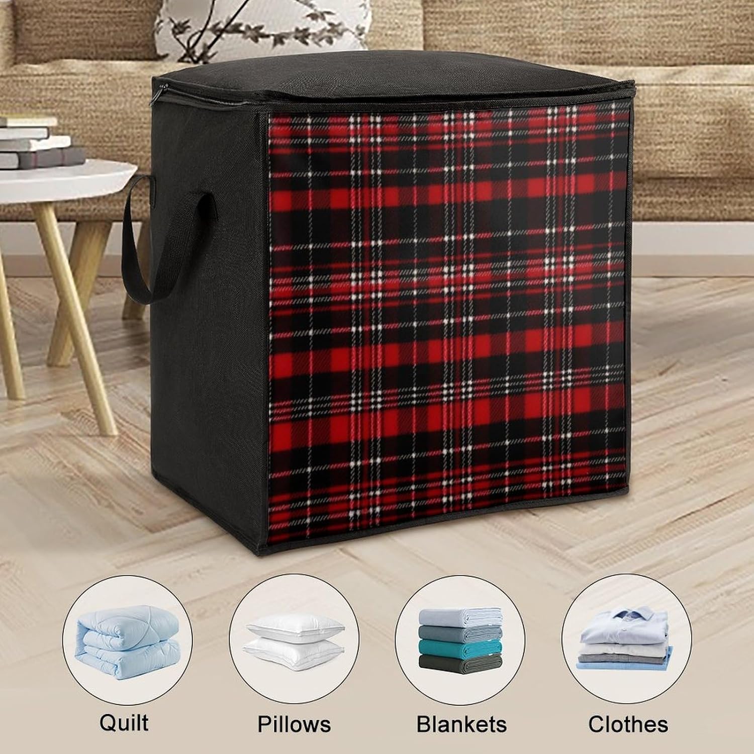 Quilt Storage Bag,Red And Black Plaid Printed Large Foldable Storage Container Portable Travel Storage Bag for Blankets, Quilts, Clothes, Comforter, Bedding And Pillows