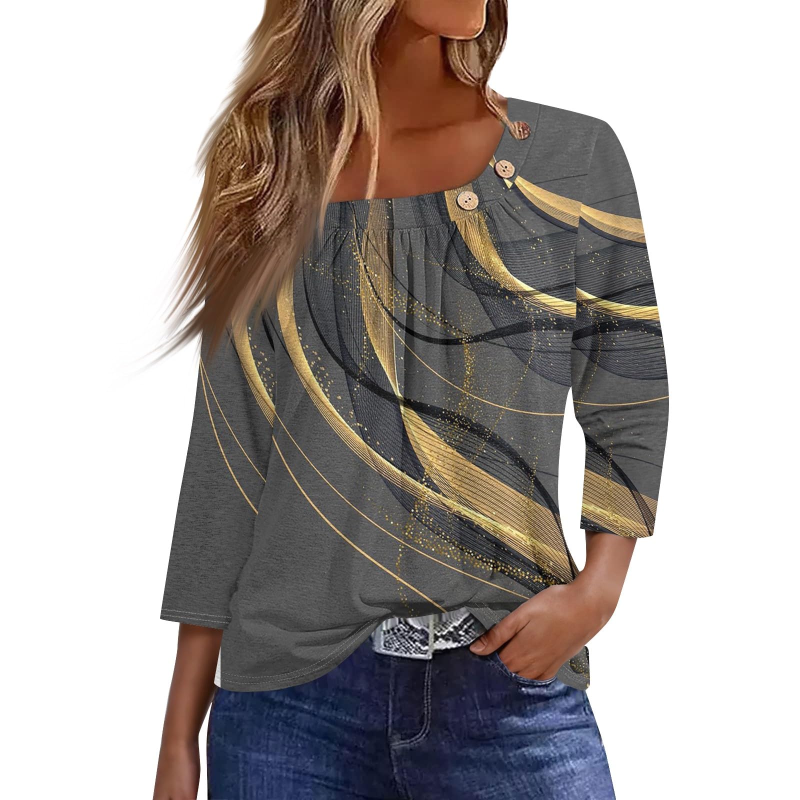 SCBFDI Top Mujer Fiesta, Blusa Mujer Manga De Siete Puntos Moderno Escolar Blusas Primavera Comodidad Volante Fruncido Delgado Cuello, Tunica Mujer