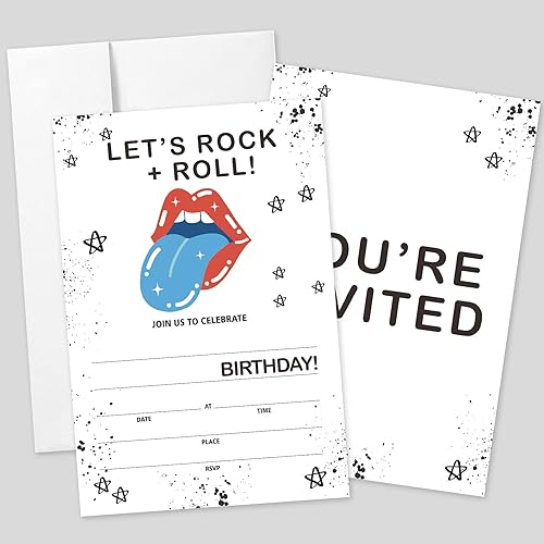 20 juegos de invitaciones de cumpleaños de rock and roll con sobres, labios de arte pop con lengua azul impresas de doble cara tarjetas de