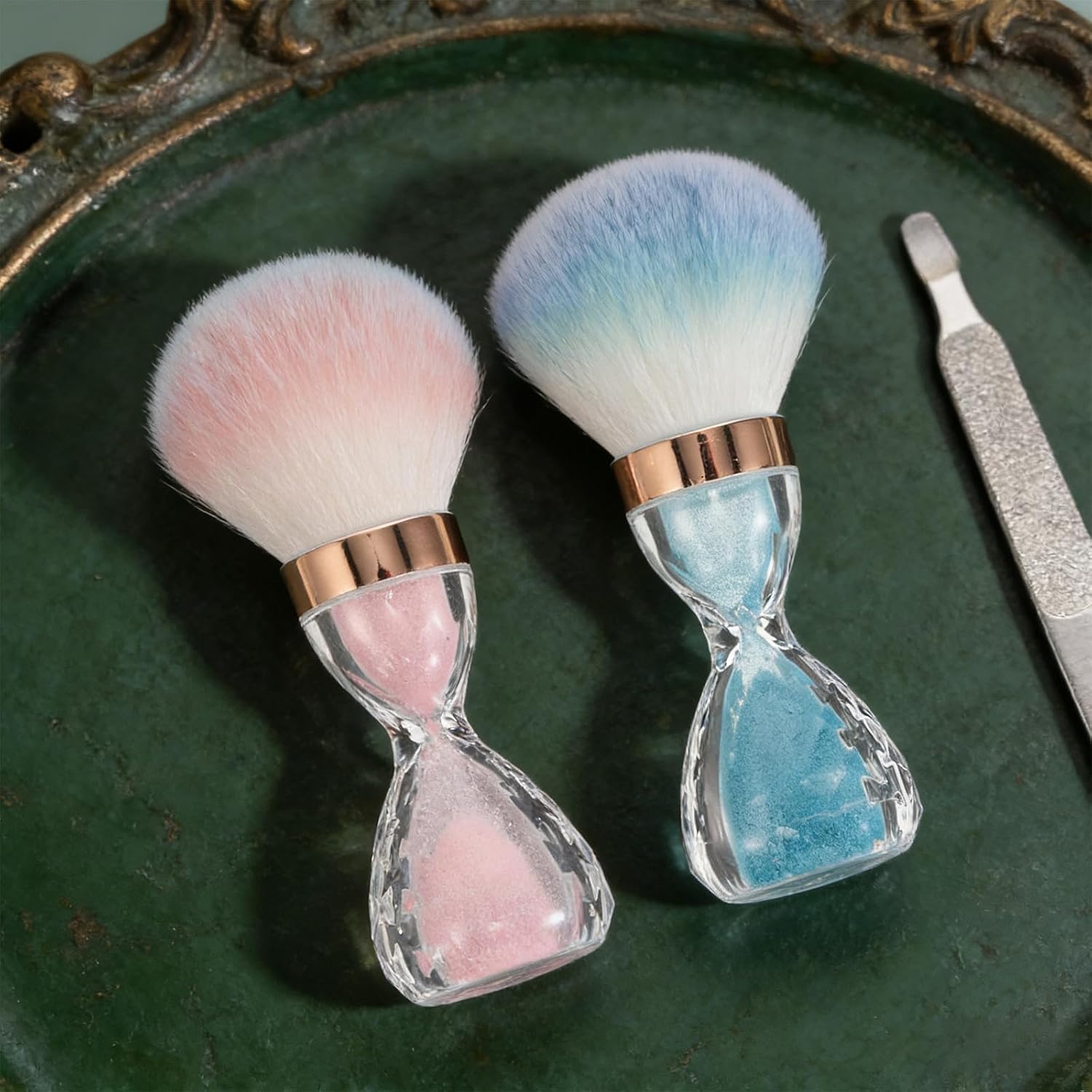 CALLARON 2pcs Reusable Nail Dust Cleaner Brush with Soft Bristles and Ergonomic Handle Grip Hour Glass Shaped Plastic Nail Powder Brush and Home Use