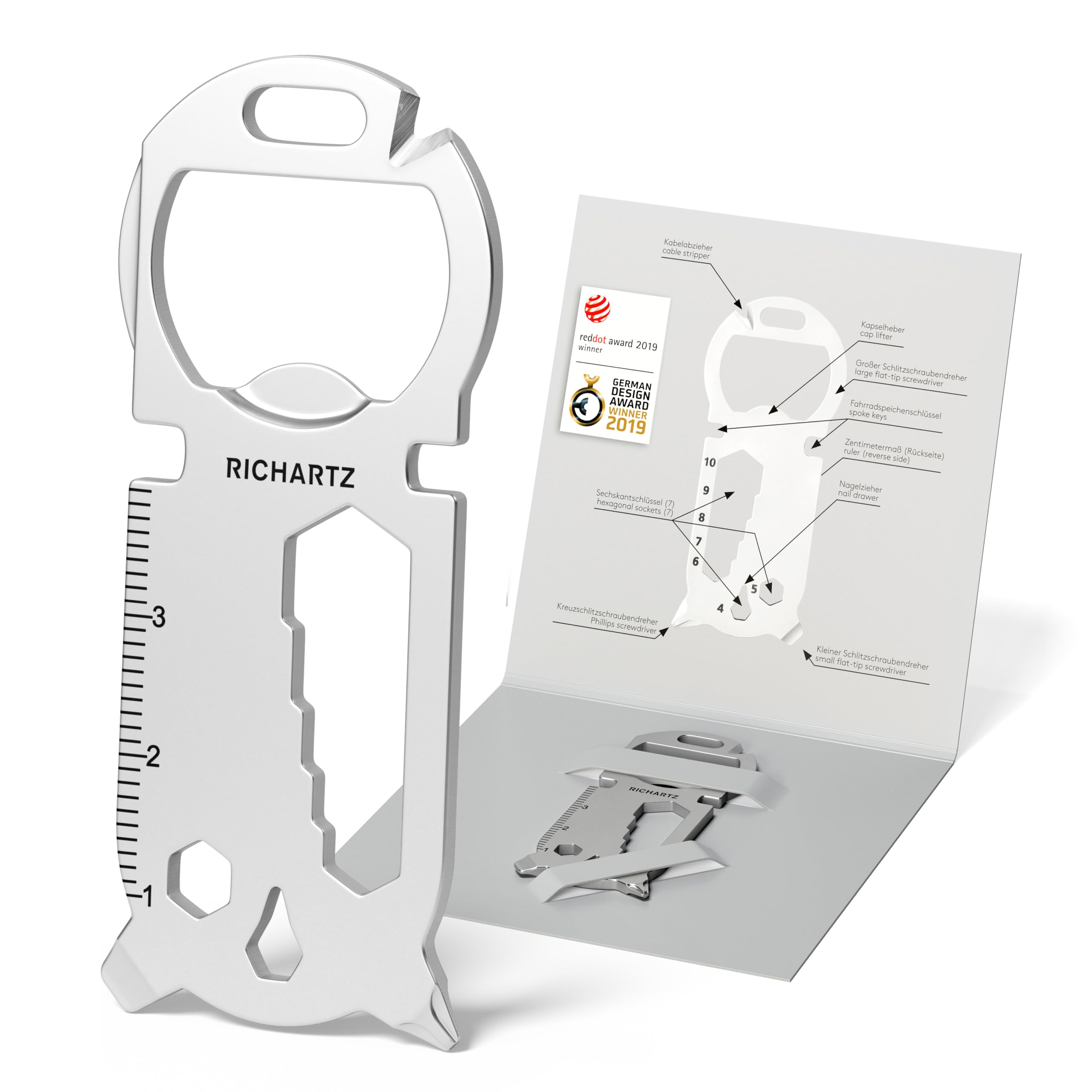 Richartz Key Tool 16+ Multitool Stainless Steel Key Ring with 16 Functions, Pocket Tool with Bottle Opener for the Keychain, Pocket Tool with Function Description