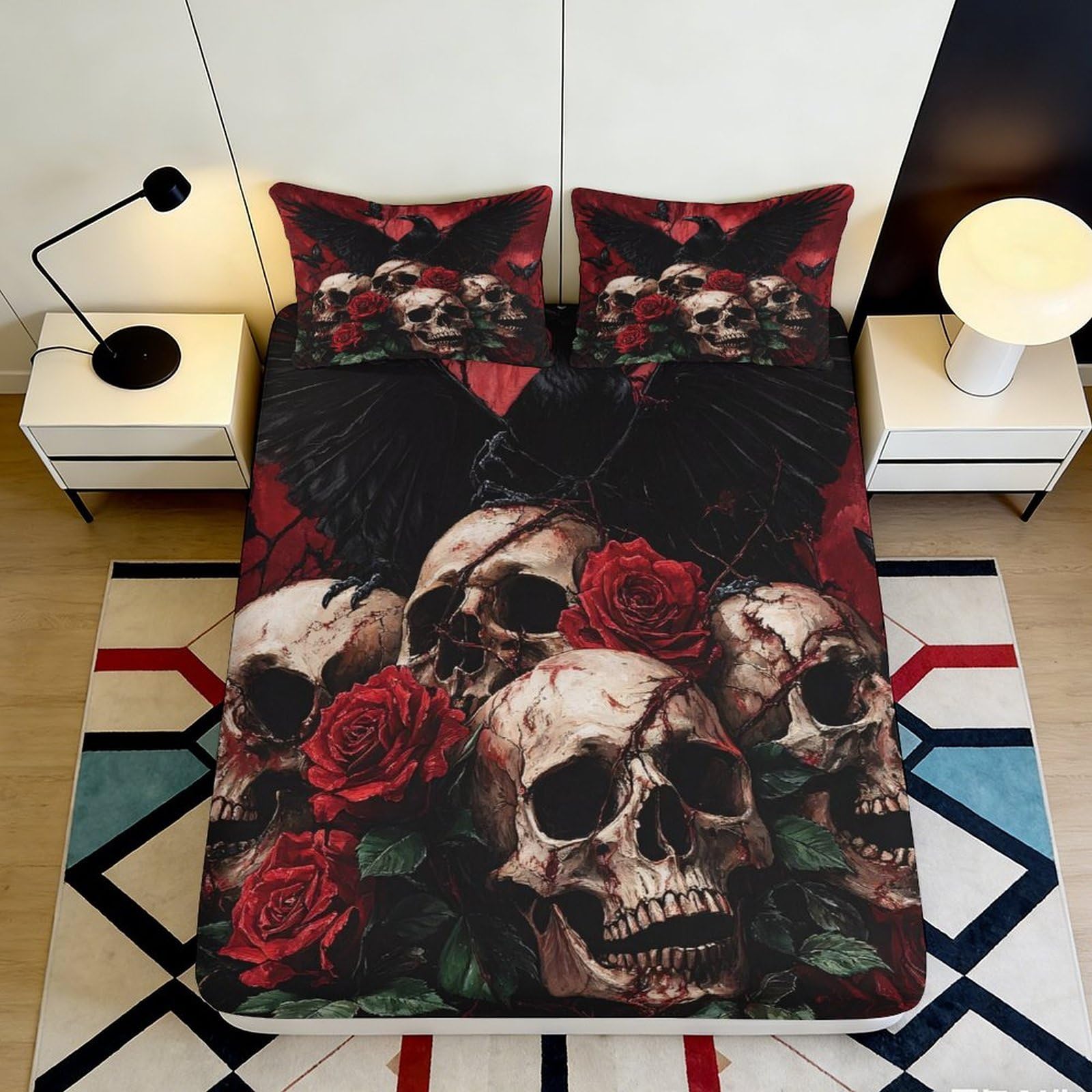 3D Printed Skull Rose Fitted Sheet Microfiber Black Red Gothic Bed Cover for Bedroom Guest Room Decor 90x200x25cm