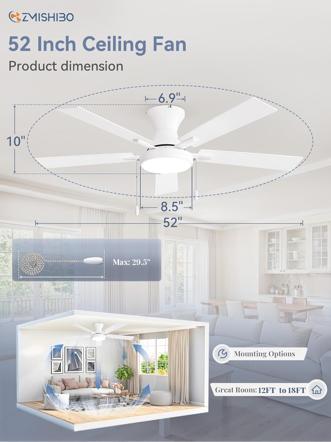 ZMISHIBO 52inch Ceiling Fans with Lights, Low Profile Ceiling Fan with Pull Chain and Remote Control, Flush Mount, Reversible, Dimmable, Noiseless, White Pull Cord Ceiling Fan for Bedroom