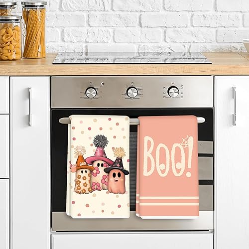 Miniatura 7 de AnyDesign Toalla de cocina de Halloween Boo, paño de cocina rosa, lindo fantasma, toalla de té decorativa de secado a mano para Halloween,