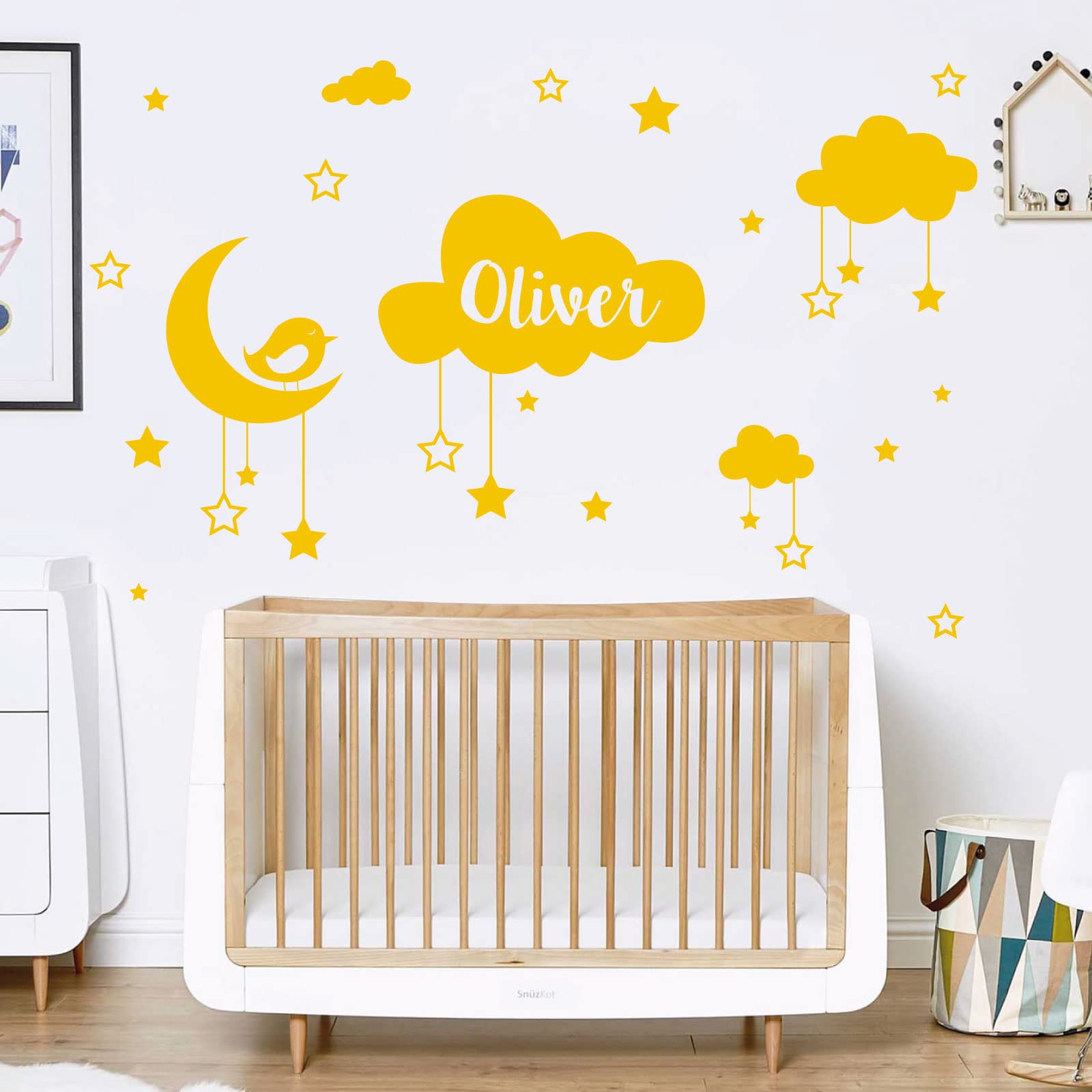 Personalised Name Baby Wall Sticker - Clouds, Stars, Moon & Bird [Large] [Sunflower]
