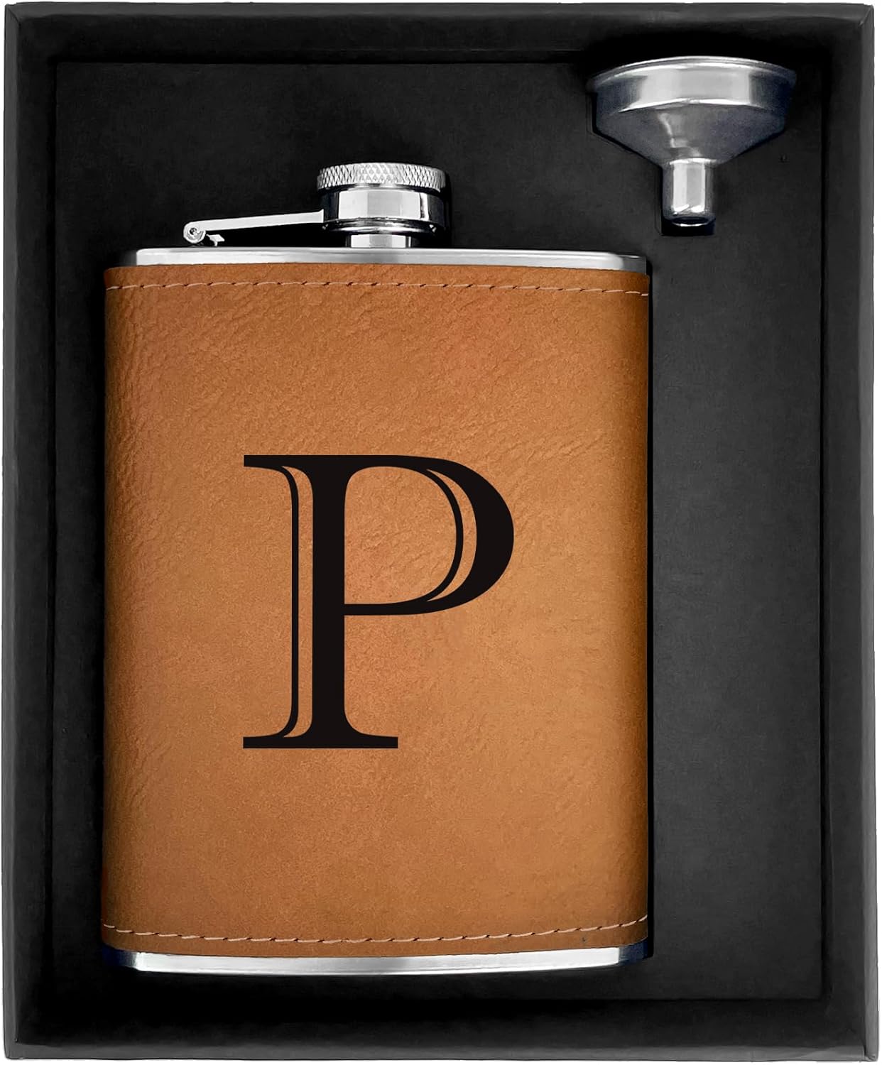 CARAKNOTS Hip Flask for Men Leather Engraved Drinking Whiskey Flasks for Liquor with Initials Stainless Steel with Funnel 8 oz Personalized Christmas Birthday Gifts for Dad Letter P