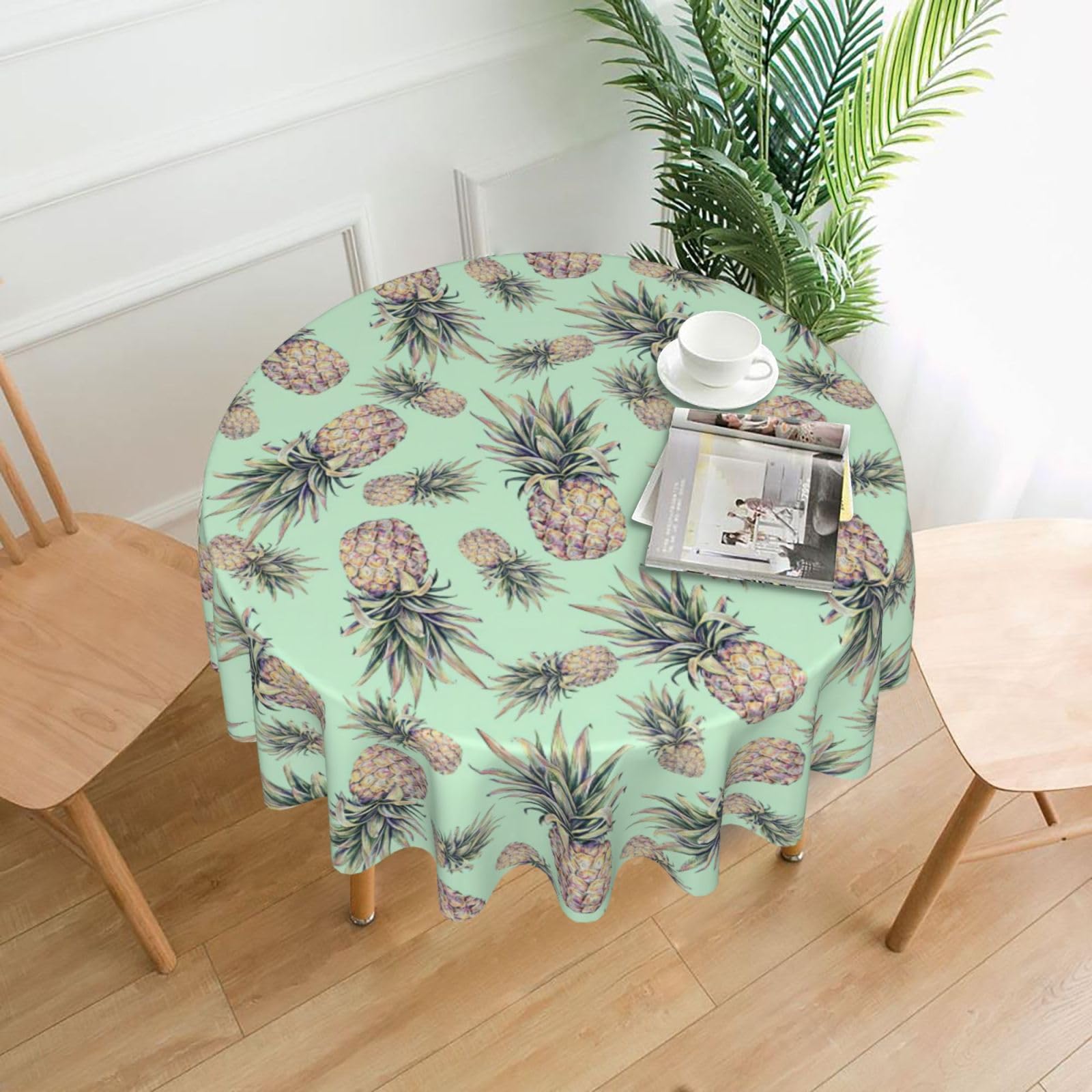 Zcmkjlg Pineapple Green Print Quick Ship Round Tablecloth 60in Polyester Washable Cover for Dining Room