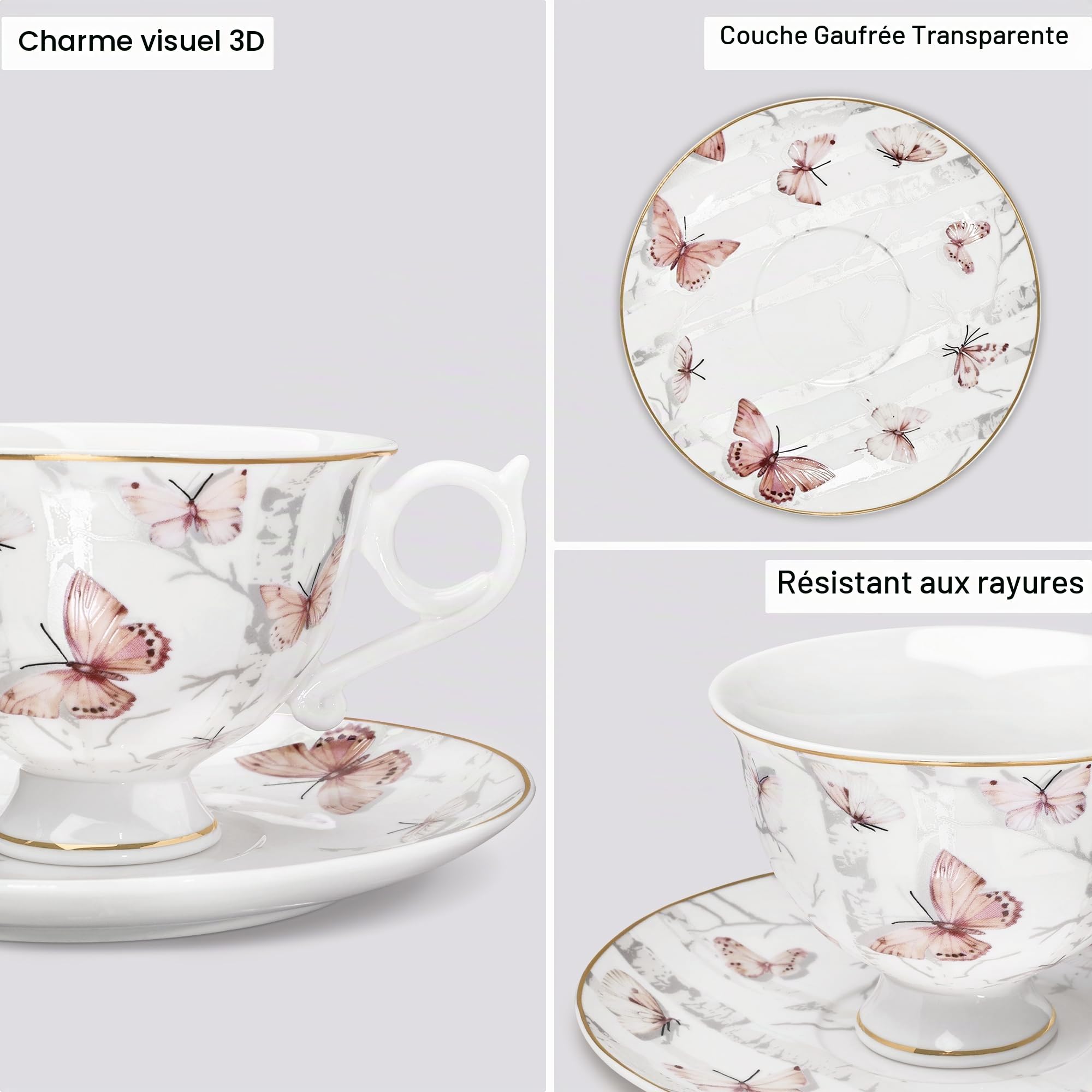 fanquare Elégantes Lot de 6 Ensembles Tasses et Soucoupes en Porcelaine Fine 180ml, Set de Tasses et Soucoupes Motif Papillon Rose clair avec Bord Doré Thé et Café pour Maison Cuisine Mariage