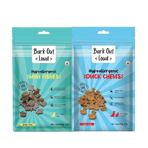 Bark Out Loud Hypoallergenic Grain-Free Dog Treats for Adult Dogs | Soft Chews with Novel Protein | Supports Skin, Coat & Digestion | No Artificial Additives | Mini Fishes & Duck Chews - 200 gm