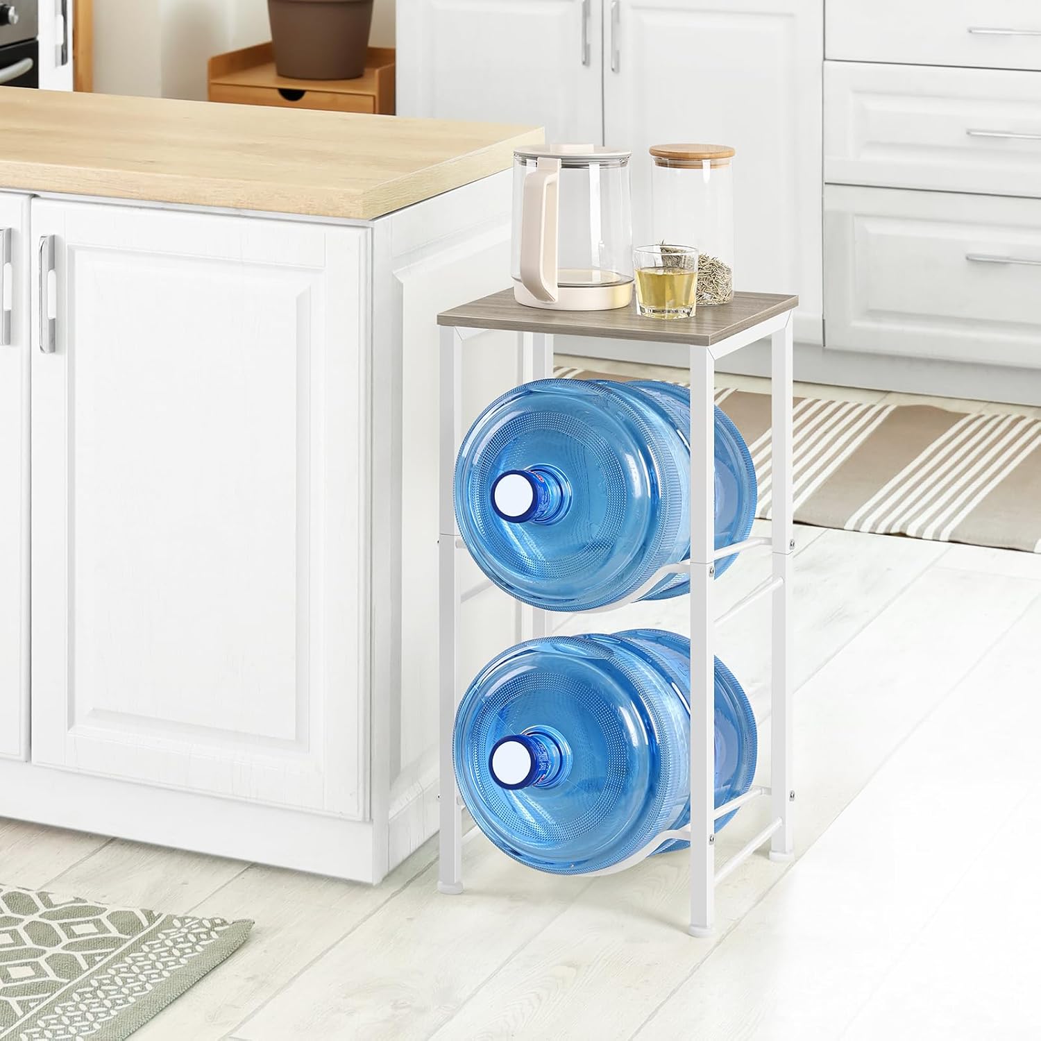 Water Jug Holder 5 Gallon Water Bottle Holder With Top Shelve 2 Tier Water Cooler Storage Rack Heavy Duty Water Dispenser Stand for Kitchen Living Room Office Grey