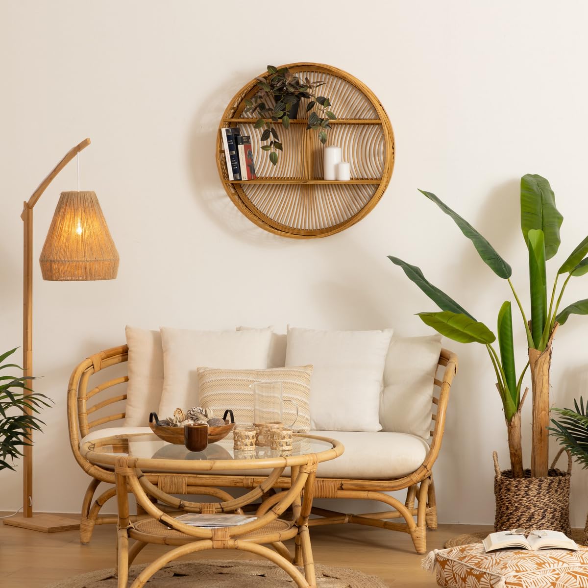 Atmosphera - Estante de Pared Redondo de bambú Ina, 70 cm de diámetro, 2 Niveles, Estilo Bohemio, para salón, Dormitorio y recibidor