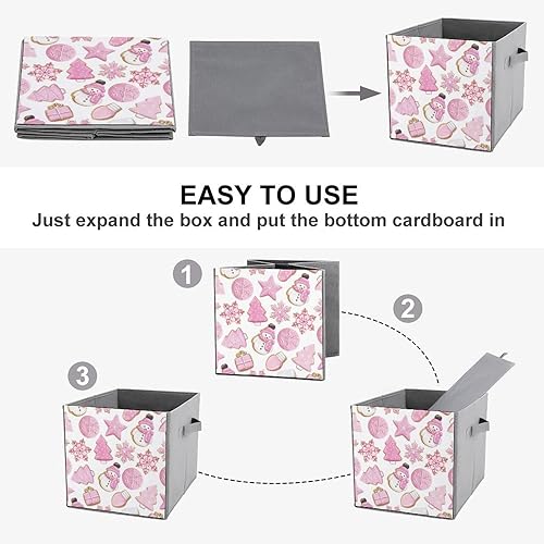 Miniatura 4 de MEIKKO Pink Christmas Cookie Cube Storage Bins Merry Xmas 11 Inch Storage Cubes Foldable Decorative Fabric Storage Baskets for Organizing Home