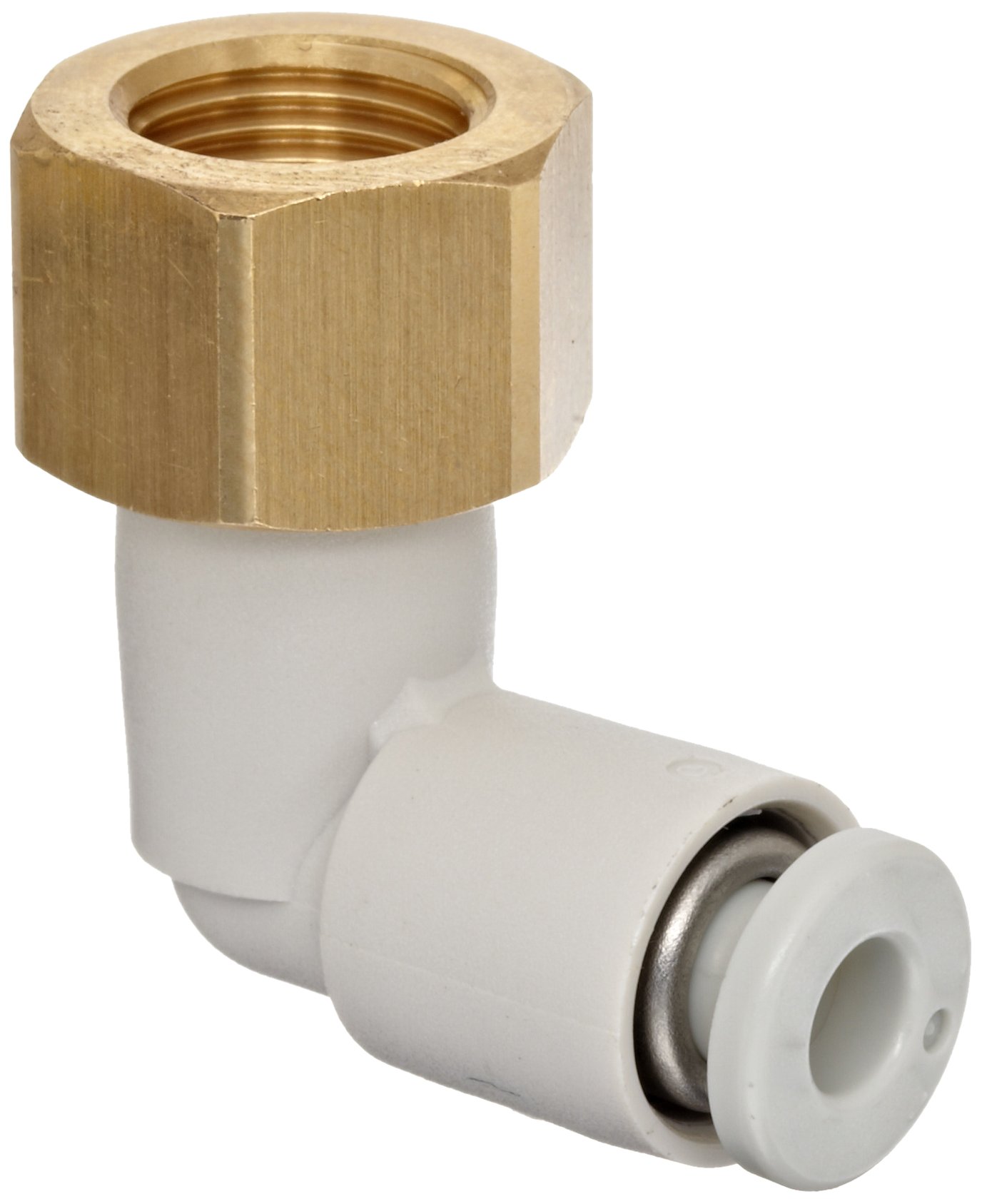SMCKQ2LF04-01A PBT & Brass Push-to-Connect Tube Fitting, 90 Degree Elbow, 4 mm Tube OD x 1/8" BSPT Female