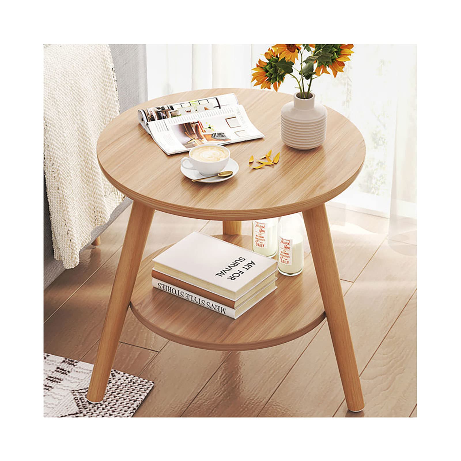 Amazon｜B-ウッドカラー ミニテーブル 丸 おしゃれ ナイトテーブル