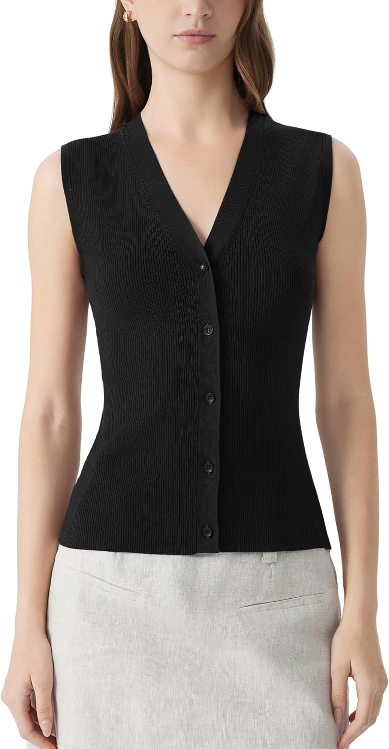SUUKSESS Women Button Down Vest Tops Summer V Neck Sleeveless Tank Tops Business Casual Sweater Vest