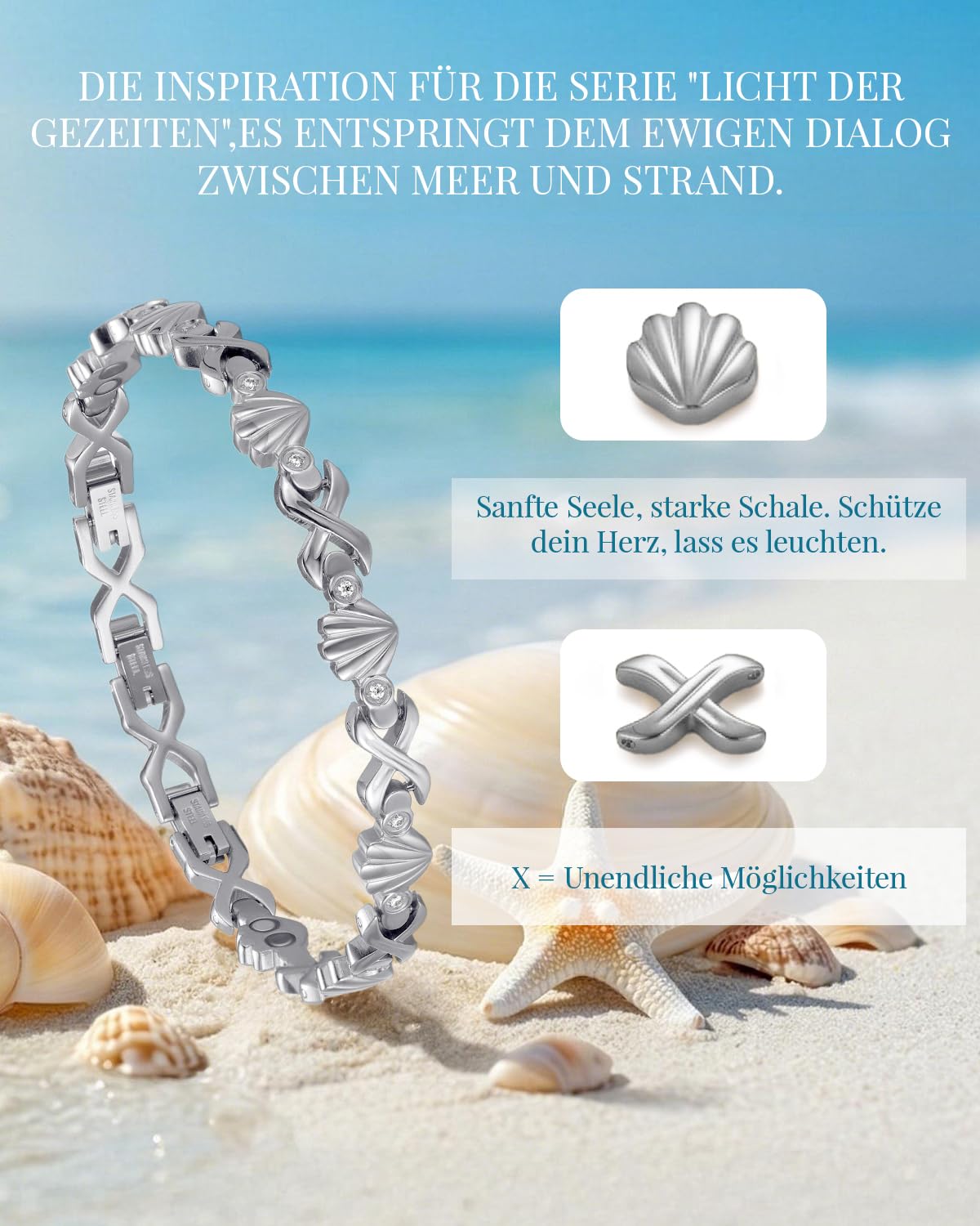 RainSo Bracelet magnétique pour femme - En acier inoxydable argenté - Motif coquillage incrusté de diamants - Aimant puissant de 3800 Gauss - Taille réglable - Boîte cadeau
