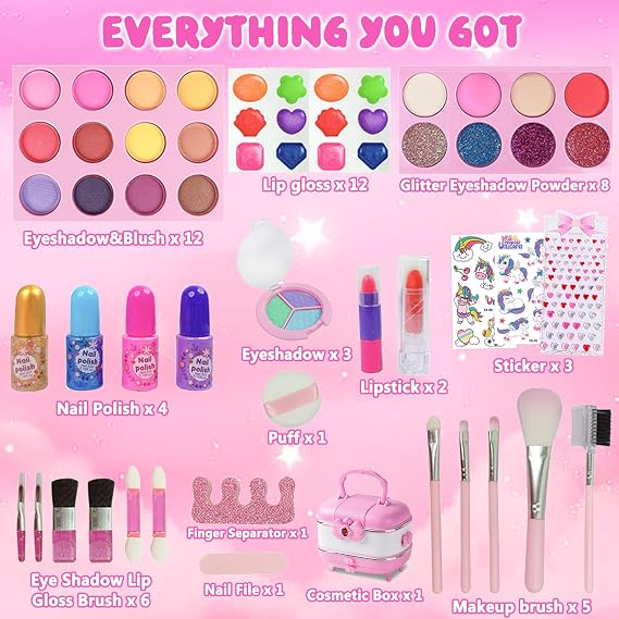 Kids Makeup Sets for Girls, 59pcs Real Washable Make Up Starter Kit, Safe Non-Toxic Children Cosmetic Beauty Play Games Toys with Stickers, Birthday Gift for 3 4 5 6 7 8 9 10 11 12 Year Old