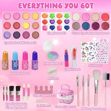 Kids Makeup Sets for Girls, 59pcs Real Washable Make Up Starter Kit, Safe Non-Toxic Children Cosmetic Beauty Play Games Toys with Stickers, Birthday Gift for 3 4 5 6 7 8 9 10 11 12 Year Old
