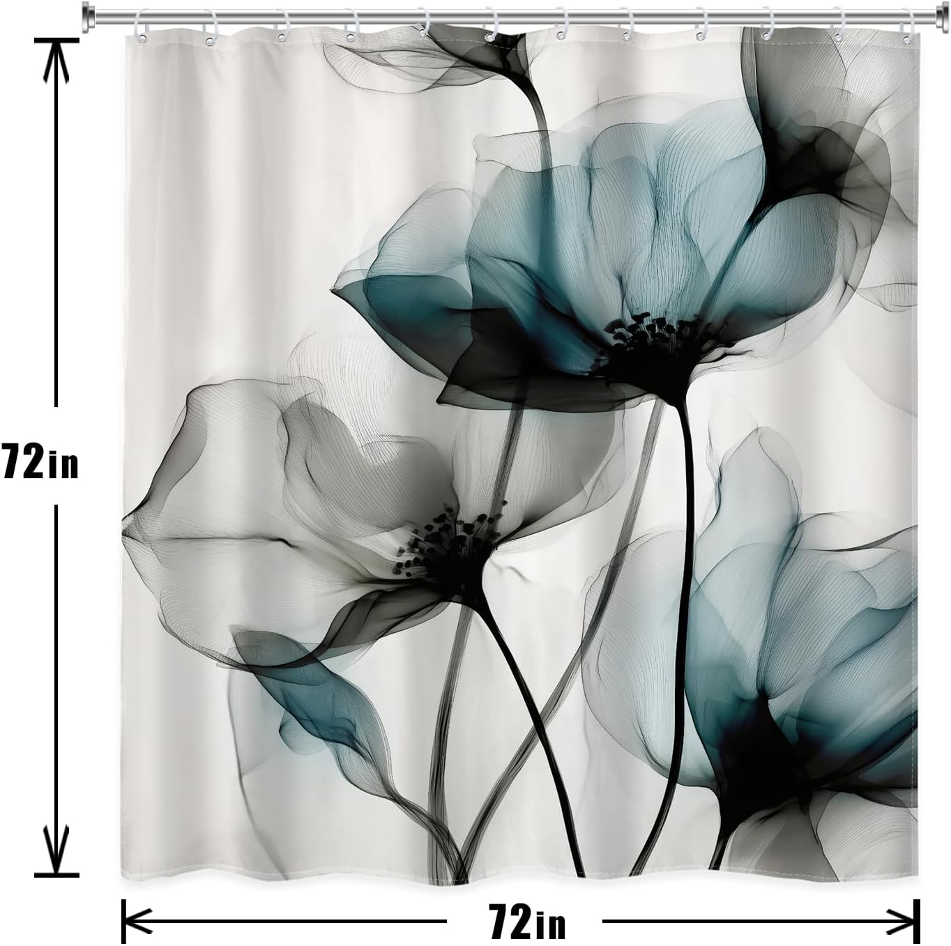 Riyidecor 4PCs Gray Blue Floral Shower Curtain Bathroom Set with Non-Slip Rugs, Toilet Lid Cover and Bath Mat Watercolor Flower Waterproof 12 Pack Hooks 72x72 inch Shower Ink Painting Curtain Decor