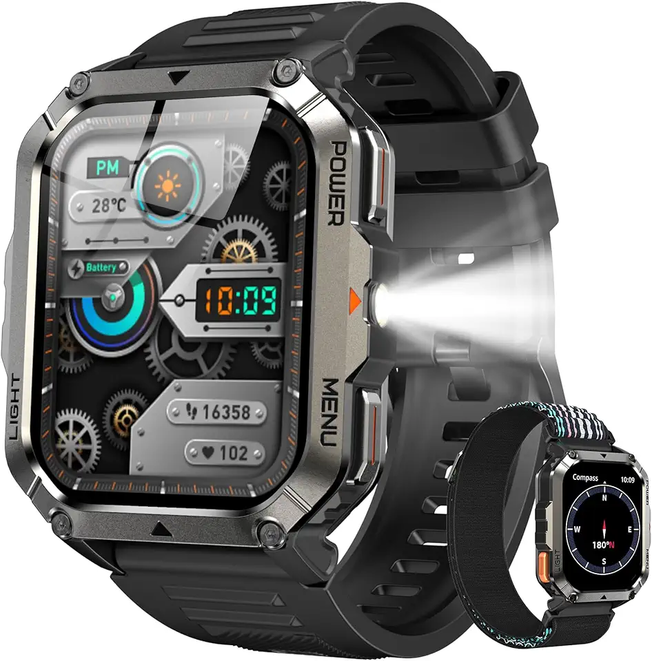 Relógio Inteligente Militar 2.01 Polegadas à Prova d'Água IP68 Bateria 900mAh 20 Dias Bluetooth Chamada 100+ Modos Esportivos Bússola Lanterna