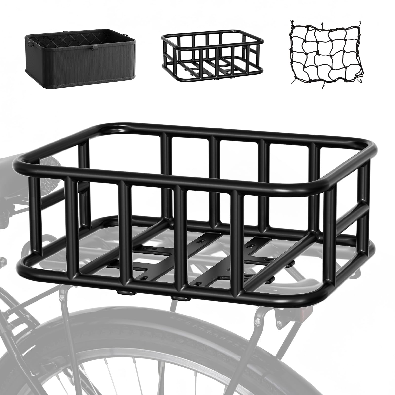 Panier Arrière de Vélo, Charge de 30KG Panier Arrière de Vélo en Métal avec Filet de Chargement et Doublure, Utilisé pour Le Transport de Fruits et Légumes(y Compris Les Outils D'installation)